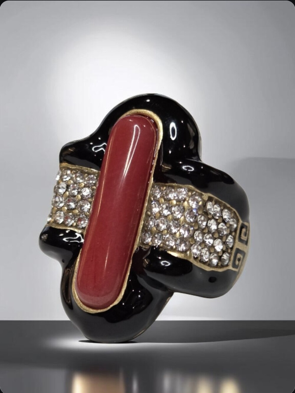 Luxury 18k Gold Plated Chunky Designer Onyx Enamel Coral Cabochon Ring